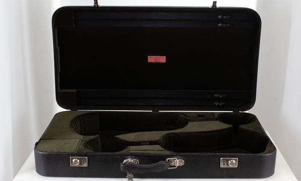 A viola and violin case, branded Paxman