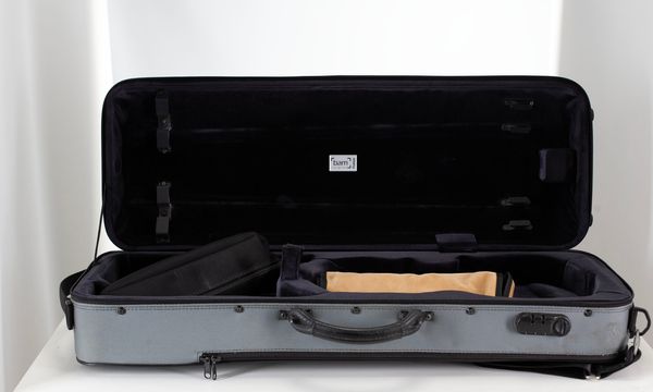 A viola case, branded BAM