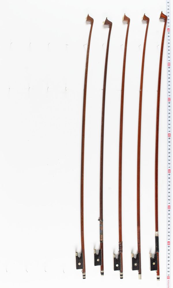 A bundle of five violin bows, varying lengths