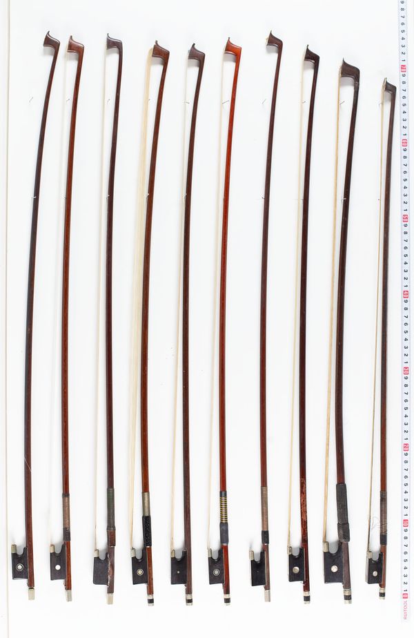 Twelve violin bows and eight cello bows, varying lengths