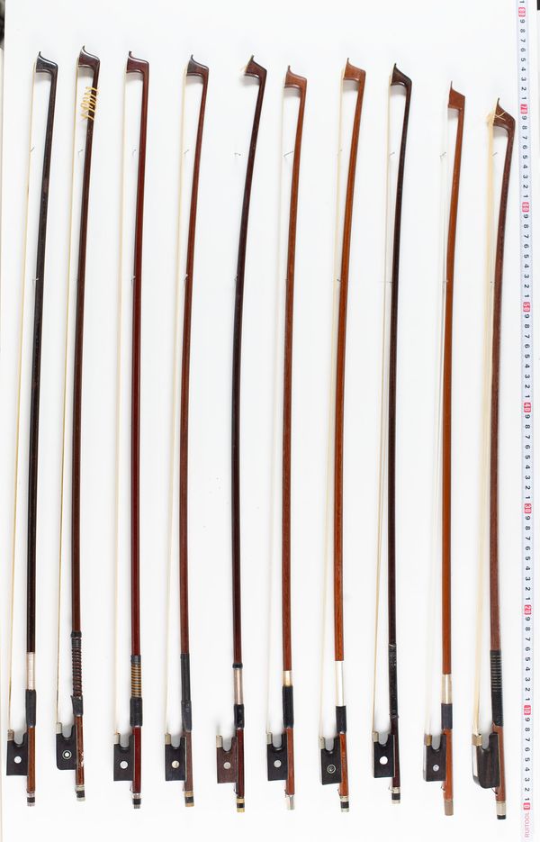 Nineteen violin bows and one cello bow, varying lengths