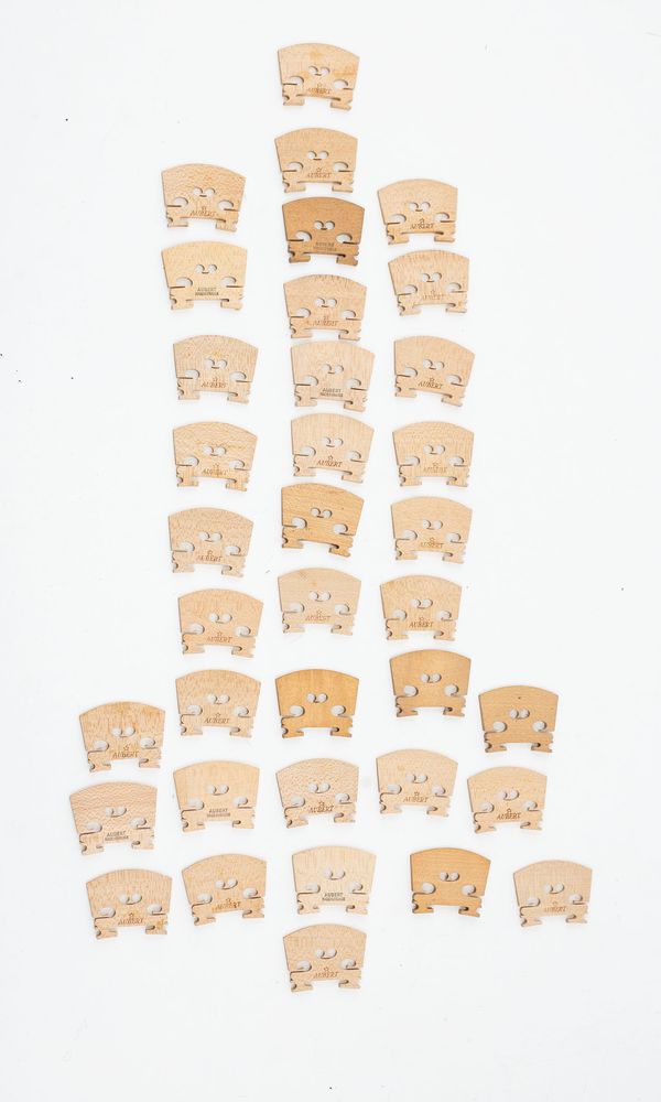 A collection of violin and viola bridges, varying sizes