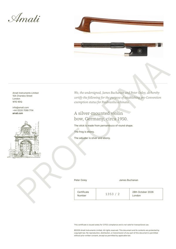 A silver-mounted violin bow, Germany, circa 1950 - Photo 2
