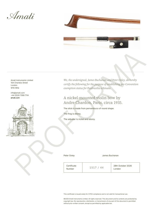 A nickel-mounted violin bow by Andre Chardon, Paris, circa 1935 - Photo 2