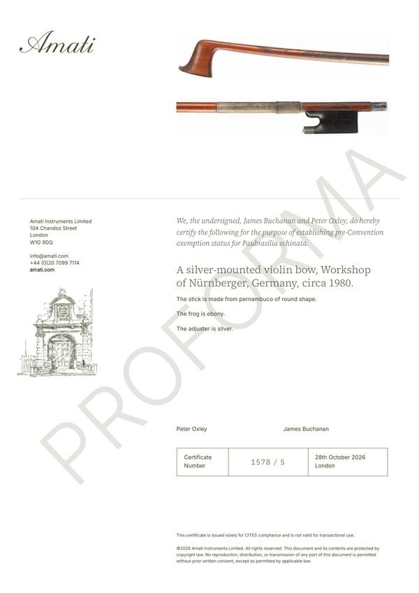 A silver-mounted violin bow, Workshop of Nürnberger, Germany, circa 1980 - Photo 2