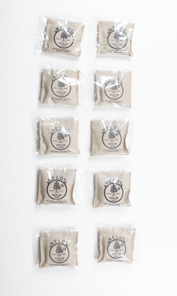 A bundle of ten violin rosins, branded Melos