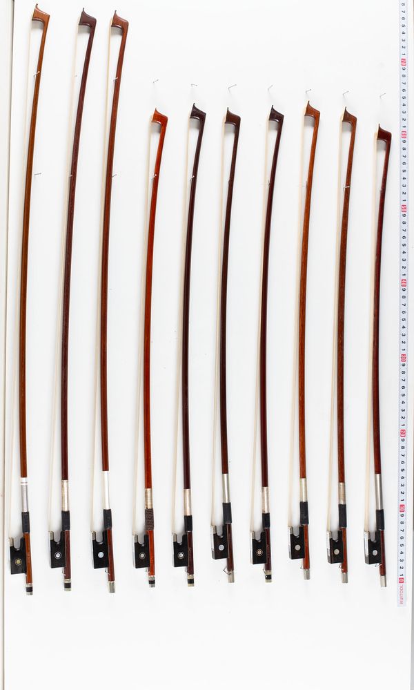 A bundle of three 4/4 sized violin bows and seven 1/2 sized violin bows, varying sizes