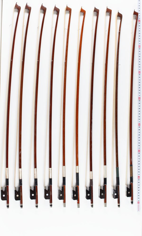 A bundle of ten viola bows, varying sizes