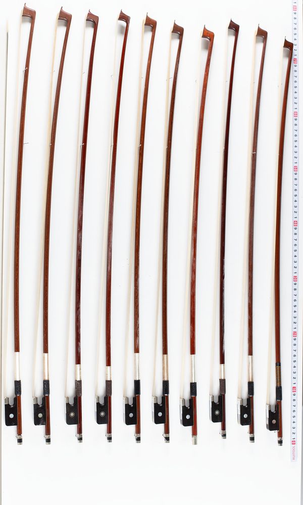 A bundle of eleven viola bows, varying sizes