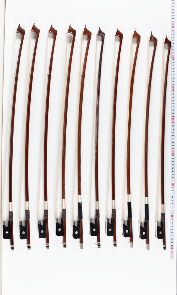 A bundle of ten 3/4 sized cello bows, varying sizes