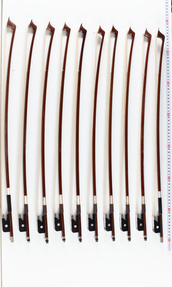 A bundle of eleven 3/4 sized cello bows, varying sizes