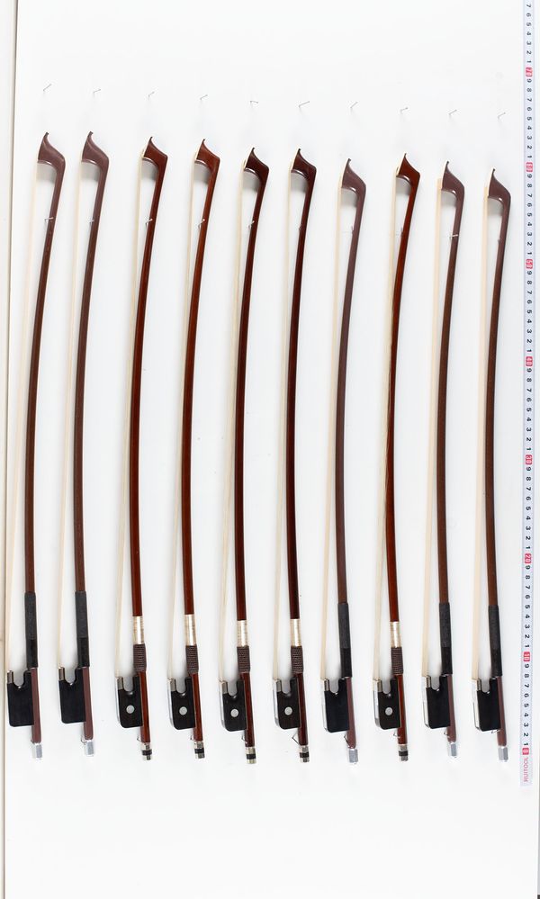 A bundle of ten 1/2 sized cello bows, varying sizes
