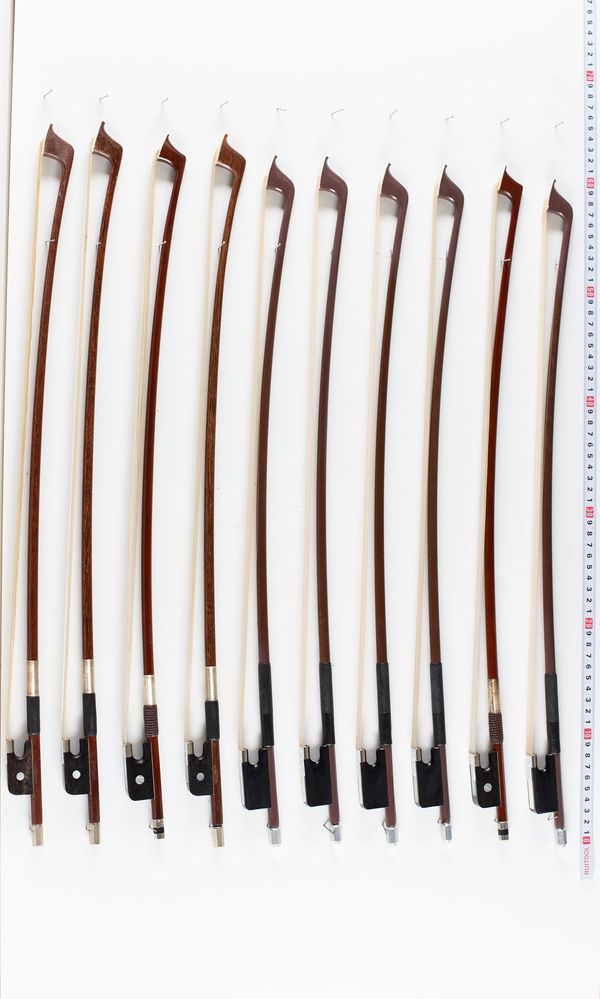 A bundle of ten 1/2 sized cello bows, varying sizes