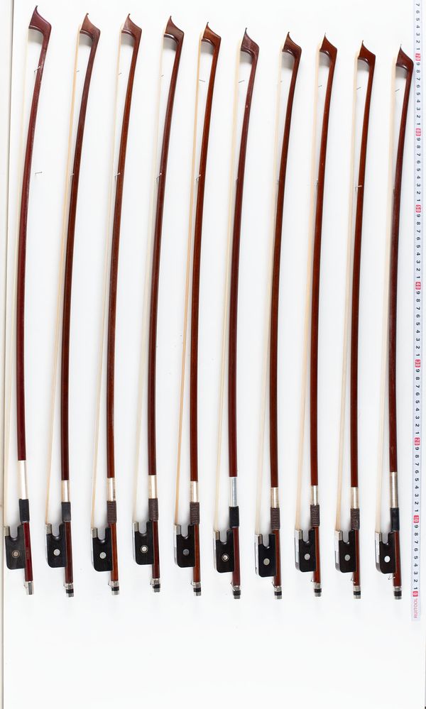 A bundle of ten cello bows, varying sizes