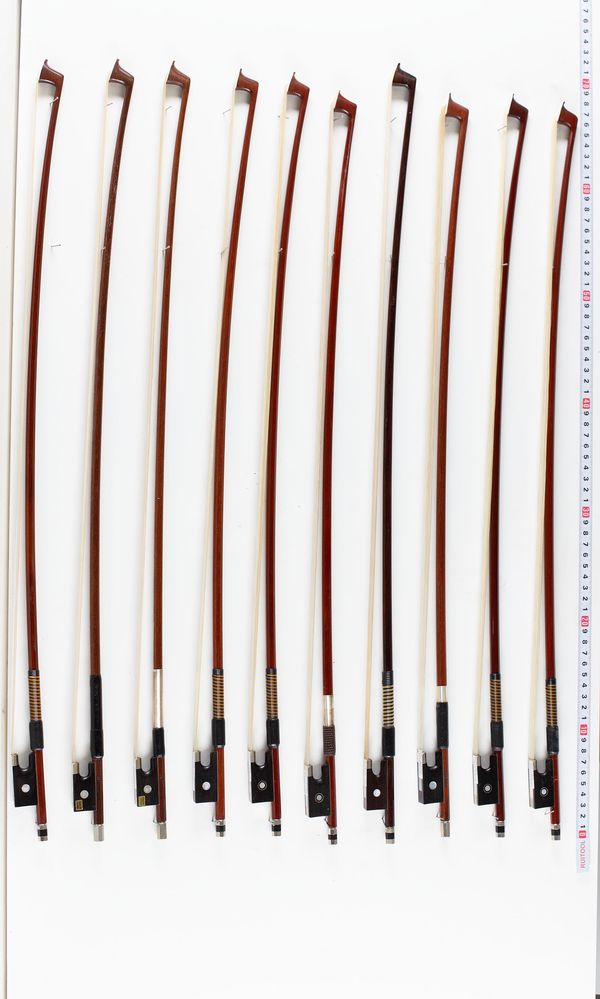 A bundle of ten 3/4 sized violin bows, varying sizes