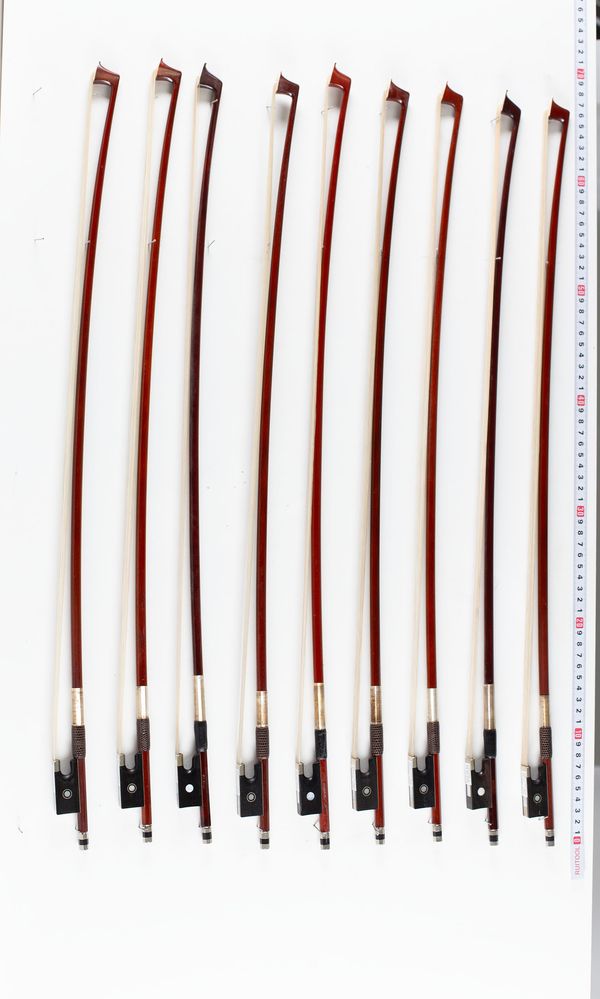 A bundle of nine 3/4 sized violin bows, varying sizes