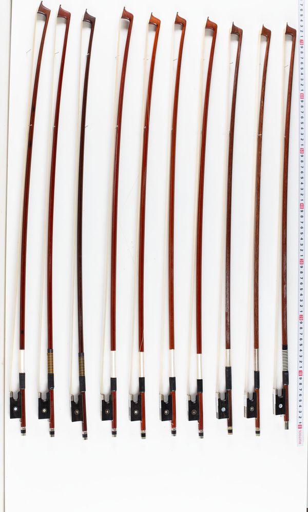 A bundle of ten violin bows, varying sizes