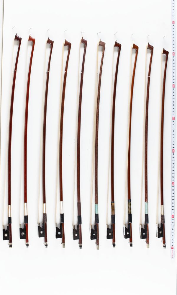 A bundle of fourteen 1/2 sized violin bows, varying sizes