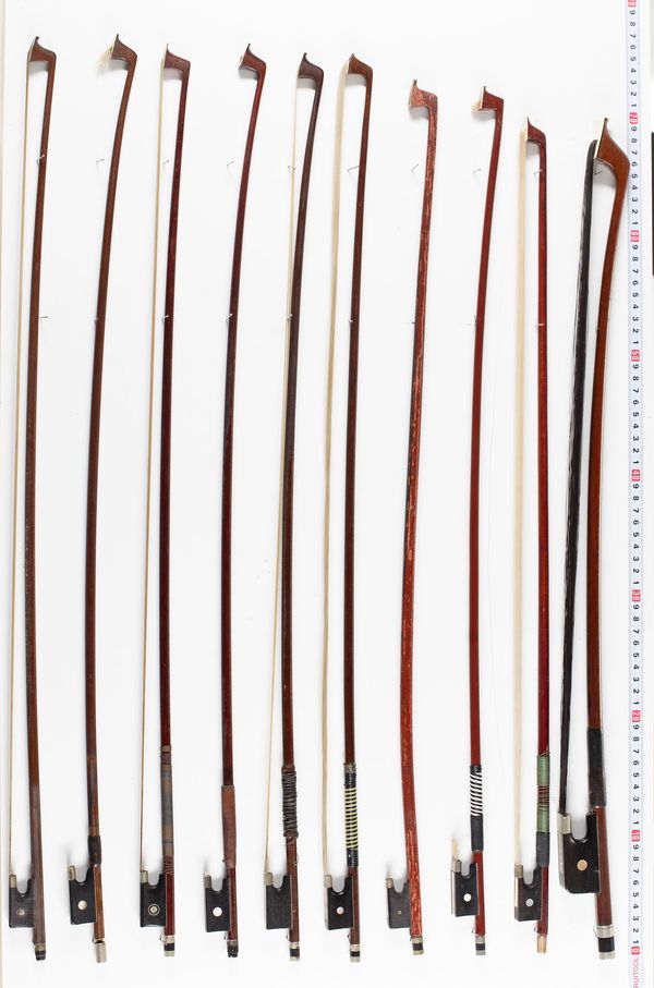 Sixteen violin bows and one cello bow, various lengths