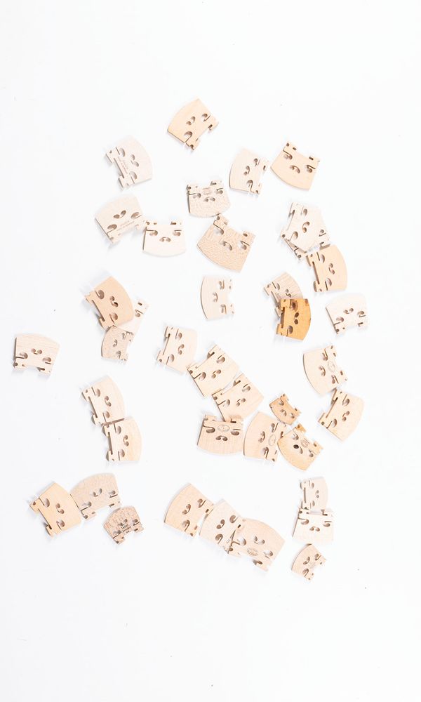 A bundle of thirty-nine violin bridges, varying sizes