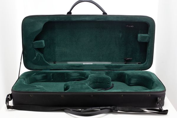 A double violin case, branded Orly