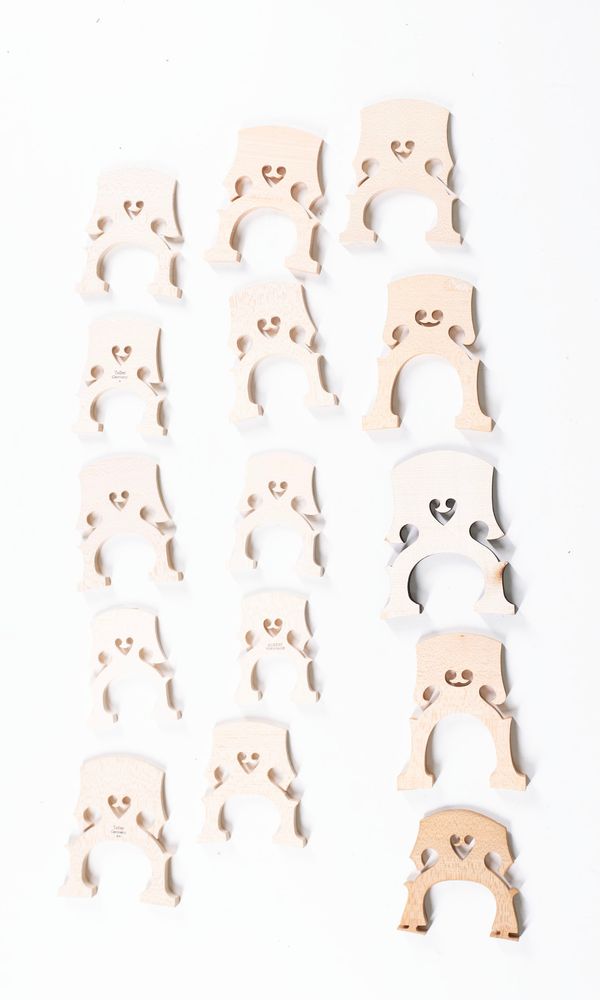 A bundle of twenty-four cello bridges, varying sizes