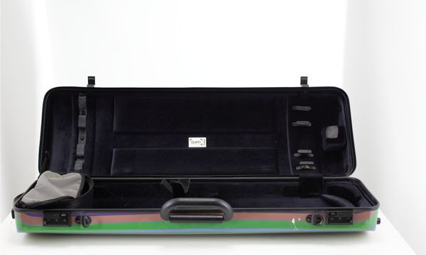 A violin case, branded Bam