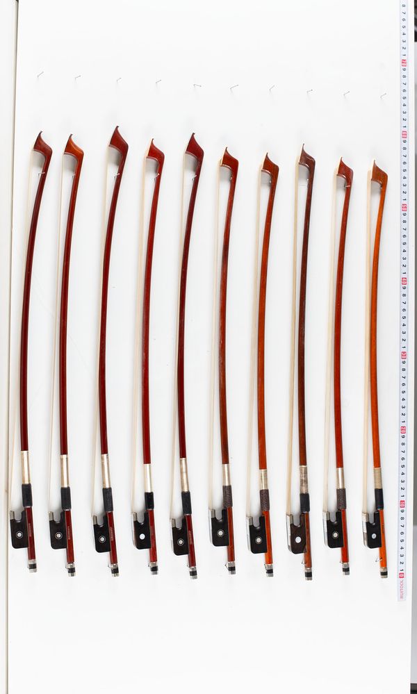 A bundle of twelve 1/4 Sized cello bows, varying sizes