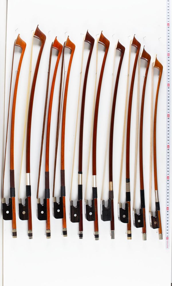 A bundle of twelve 1/2 sized double bass bows, varying sizes