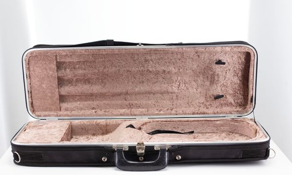 A violin case, branded Hiscox