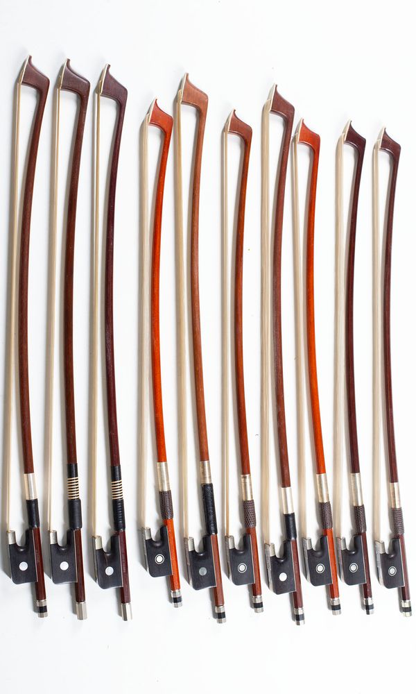 A bundle of ten 1/8 sized cello bows, varying sizes