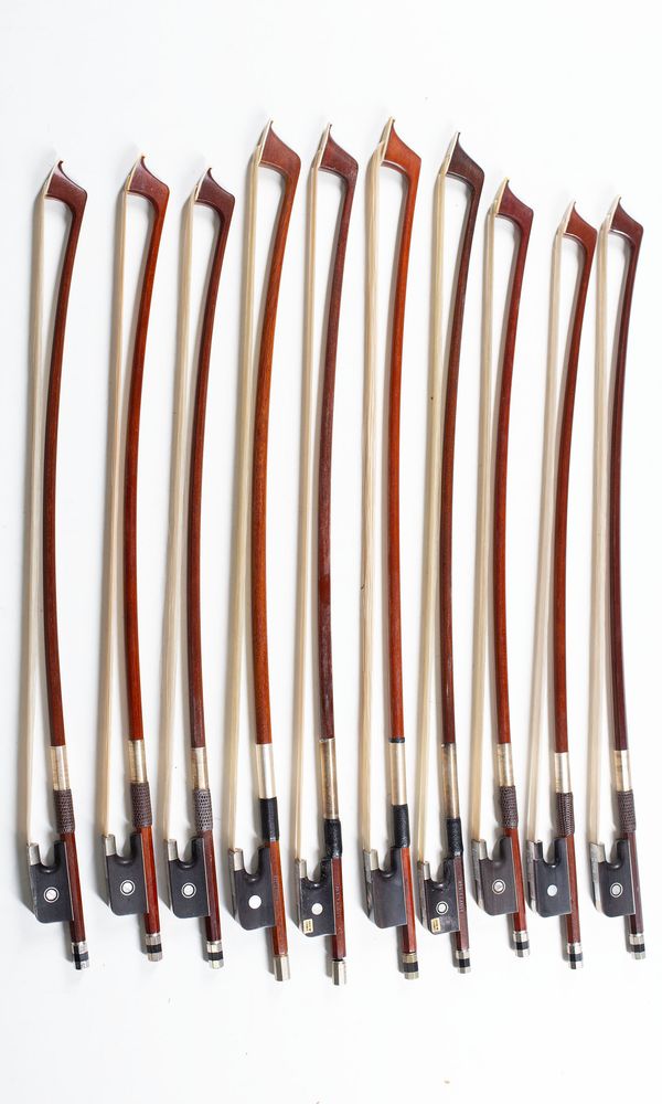 A bundle of ten 1/8 sized cello bows, varying sizes