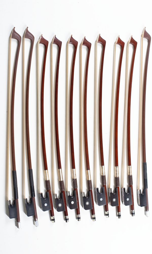 A bundle of ten 1/8 sized cello bows, varying sizes