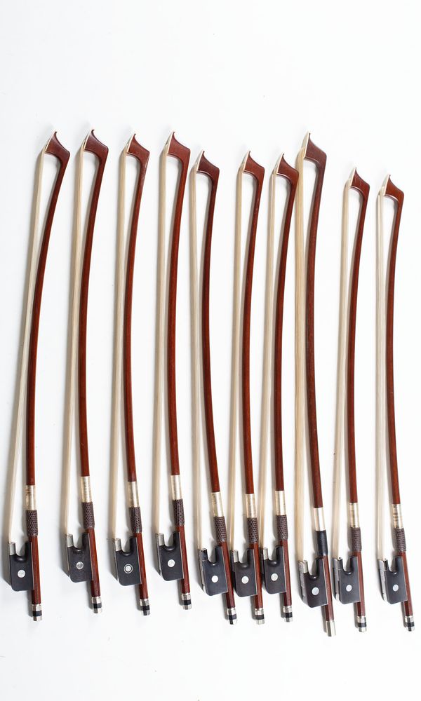 A bundle of ten 1/8 sized cello bows, varying sizes