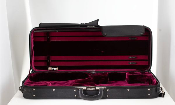 A double violin case, branded Gewa