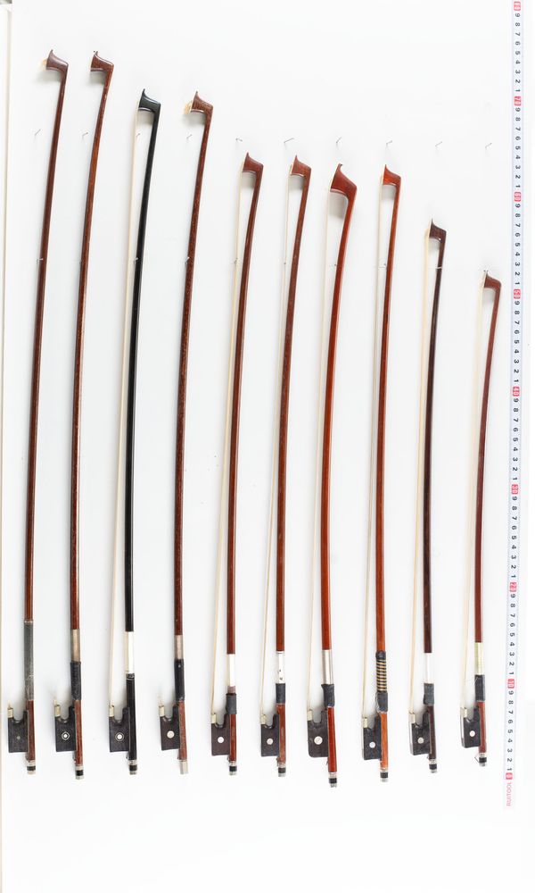 A bundle of sixteen violin bows, varying lengths