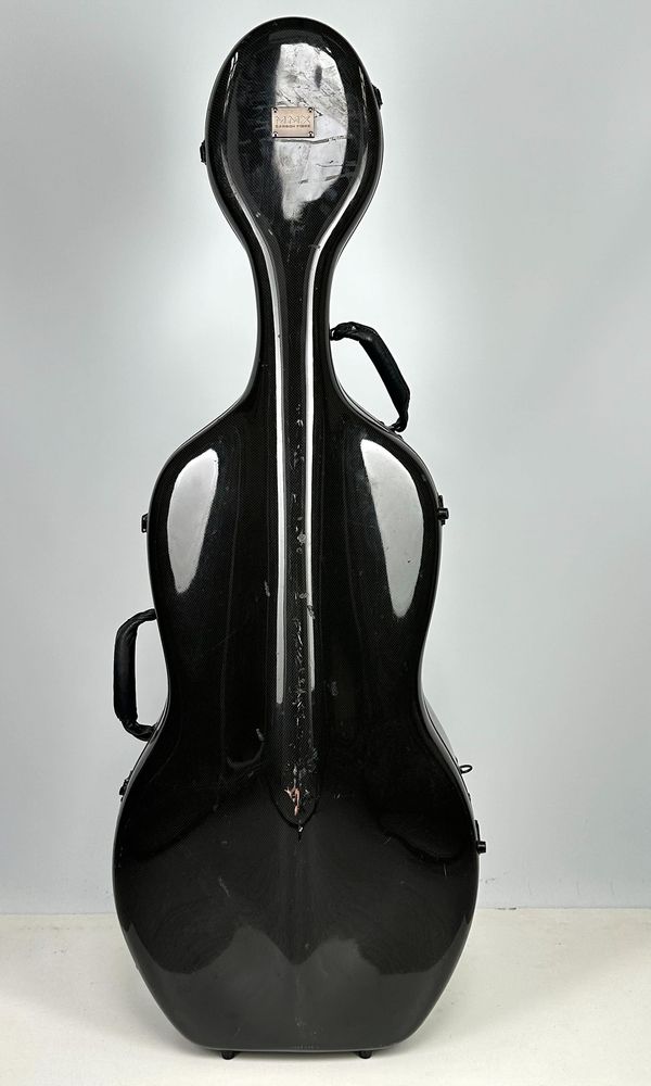 A cello case, branded MMX carbon fibre