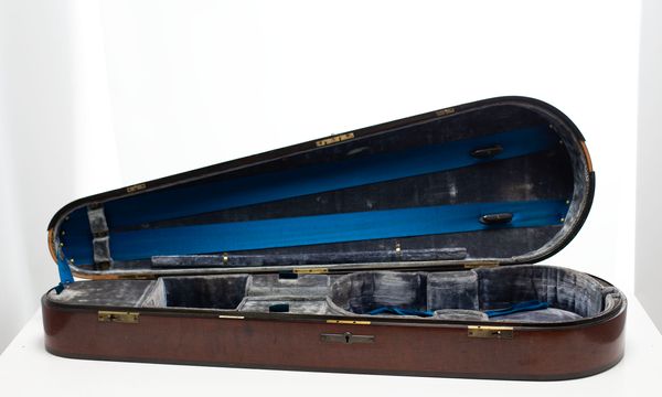 A violin case, branded W. E. Hill & Sons