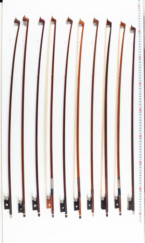 A bundle of nineteen bows and one bow stick, varying lengths