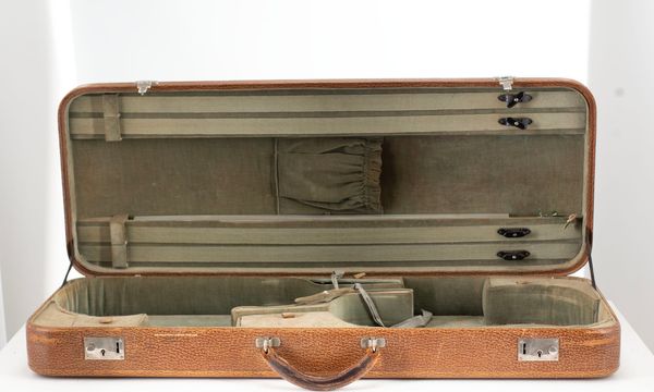 A double violin case, branded W. E. Hill & Sons