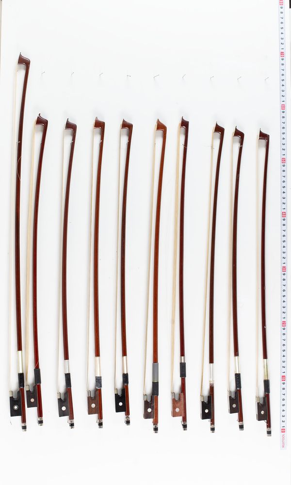 Eight three-quarter violin bows and eleven one-quarter violin bows, varying lengths