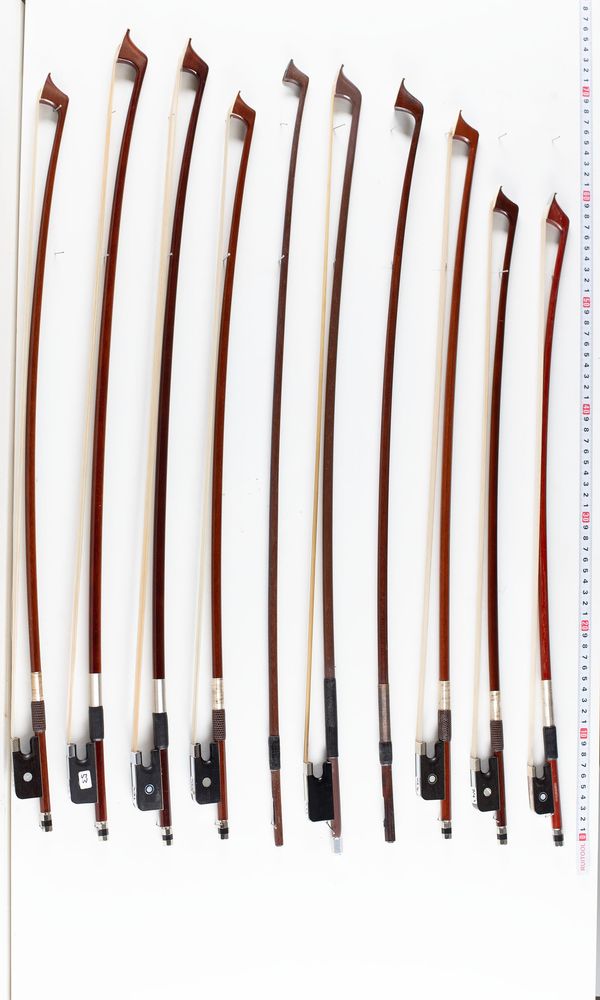 A bundle of seventeen bows and three bow sticks, varying sizes