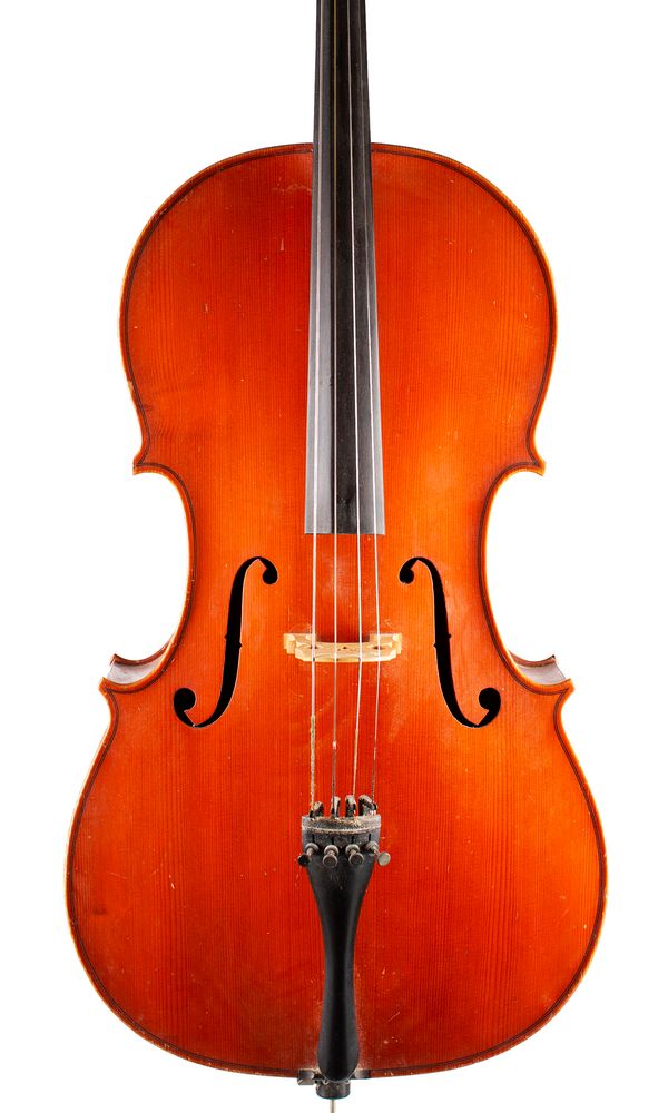 A cello, labelled Horst Grünert, Penzberg 1980