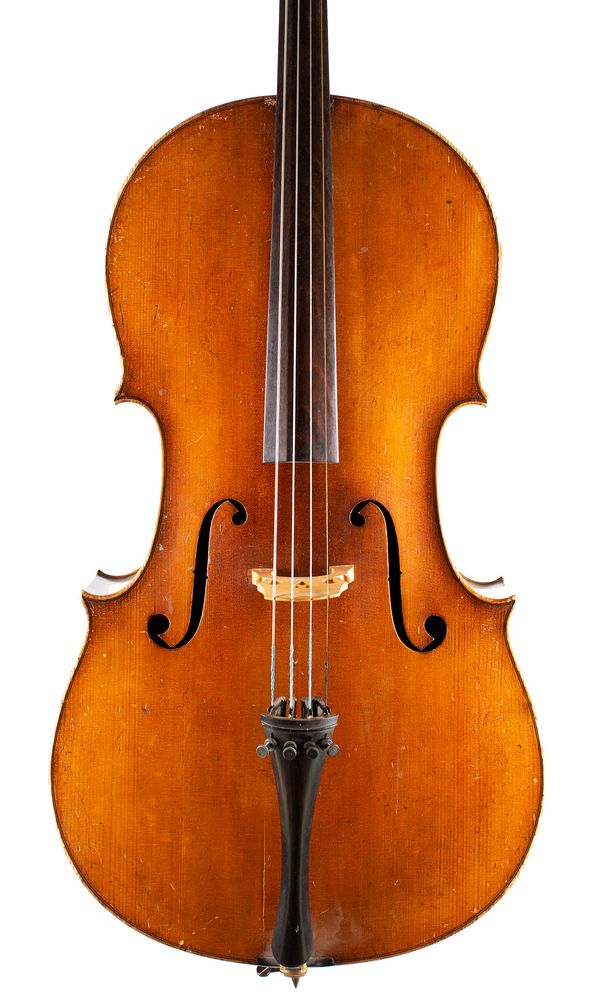 A cello, labelled Leslie Shepherd, Burgess Hill