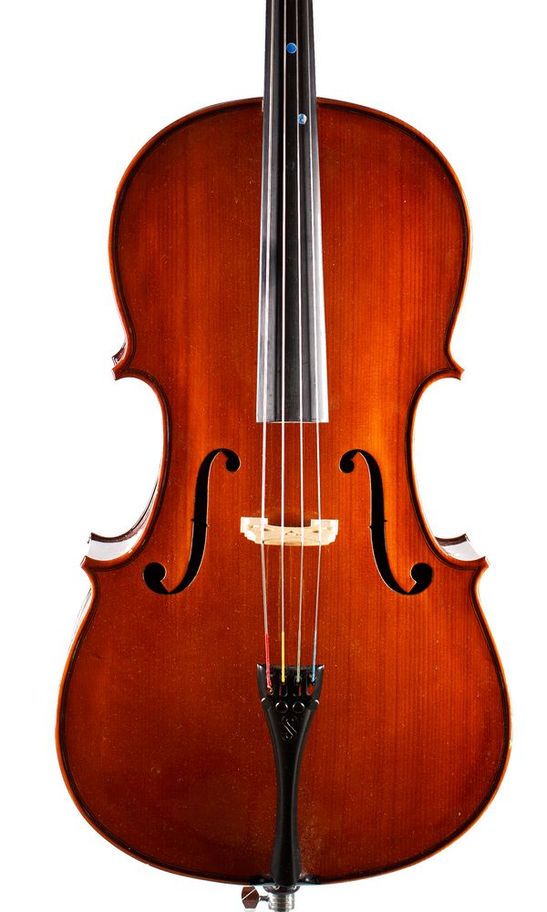 A half-sized cello, labelled The Stentor Student