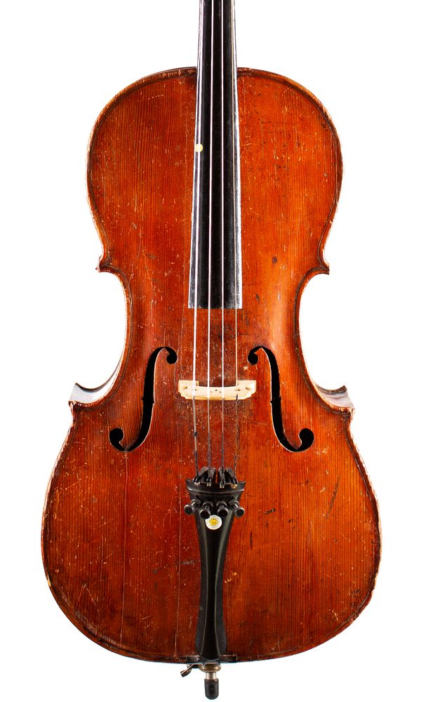 A small cello, labelled Leslie Sheppard, Sussex