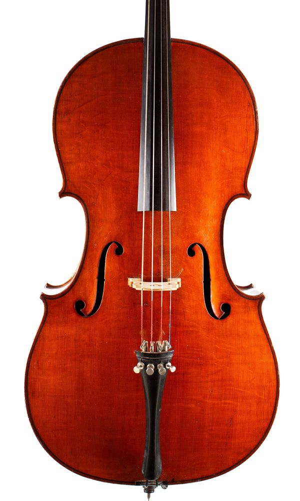 A cello, labelled Leslie Sheppard