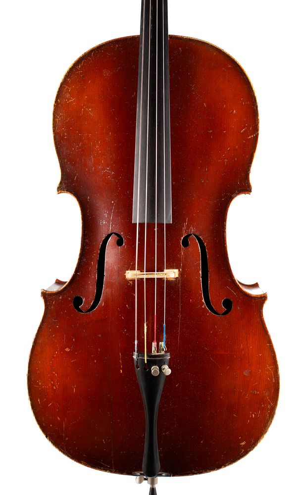 A cello, labelled E. R Pfretzschner