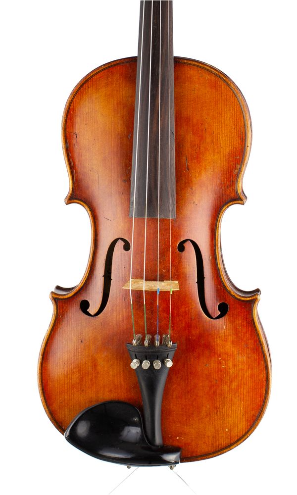 A violin, labelled Mittenwalder Geigenbau