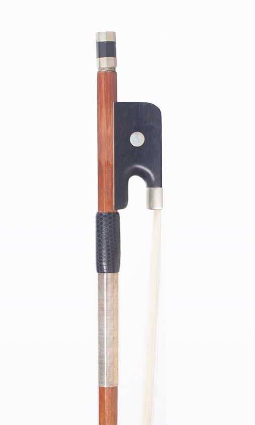 A nickel mounted violin bow, branded C. Mullhans